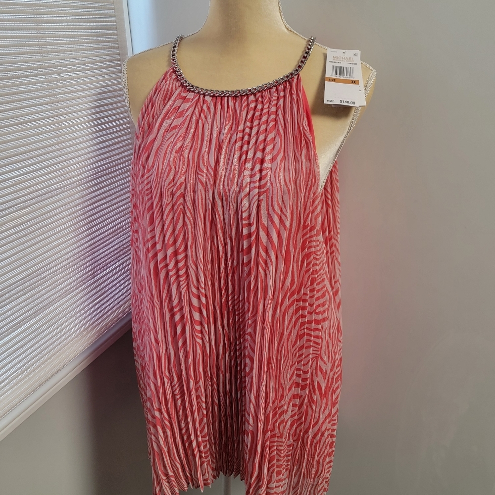 MICHAEL KORS Zebra Print Pleated Chain Top Geranium Size Plus 3X MSRP $140 NWT